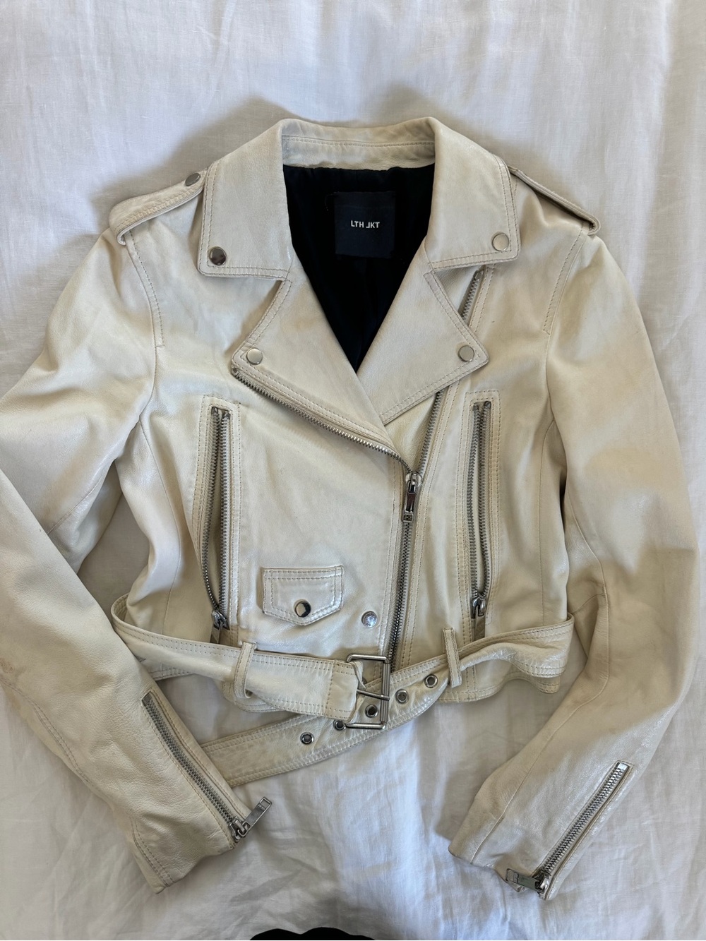 Women's Cream Leather Moto Jacket